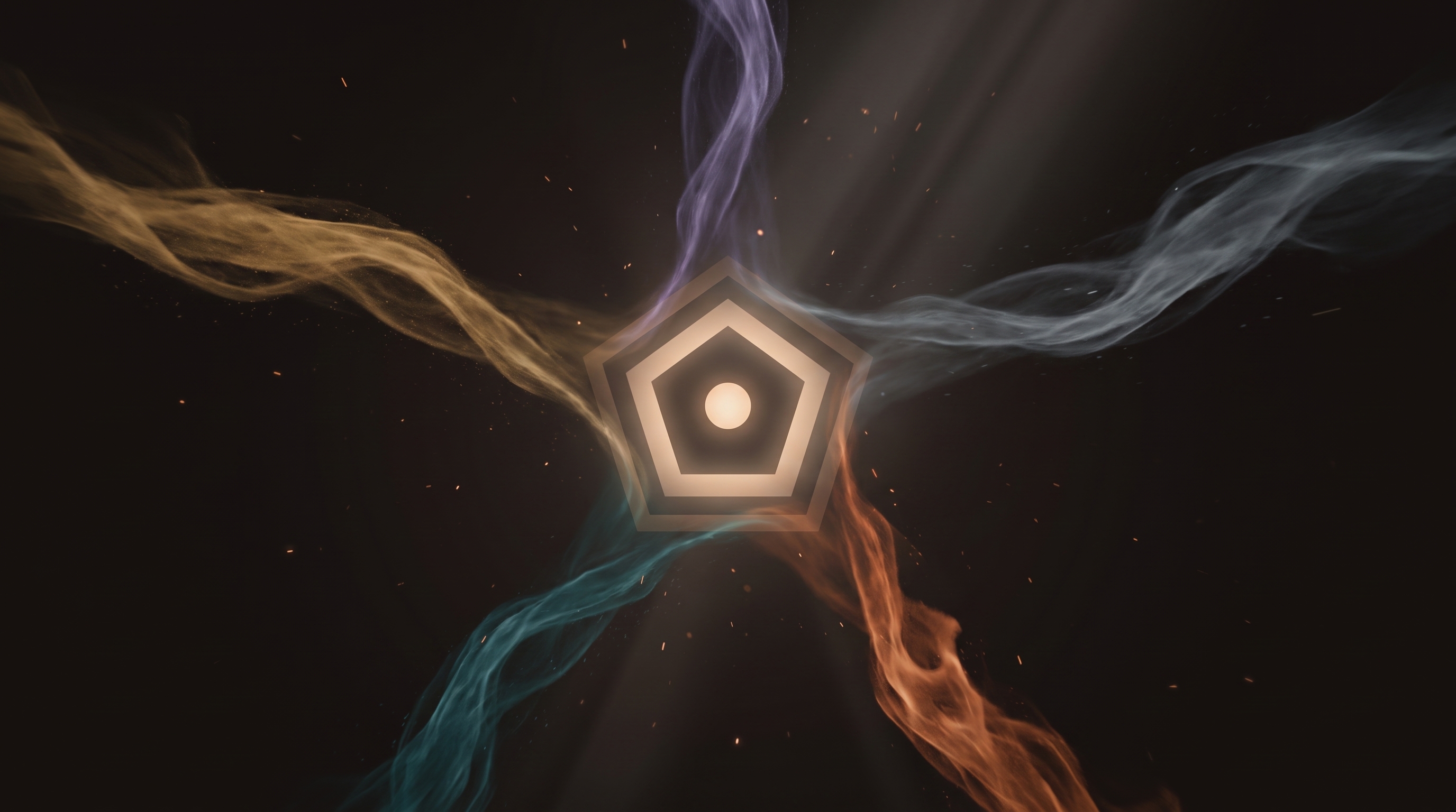 Leader keyframe — five elemental wisps converging into the Elementals pentagon on warm near-black