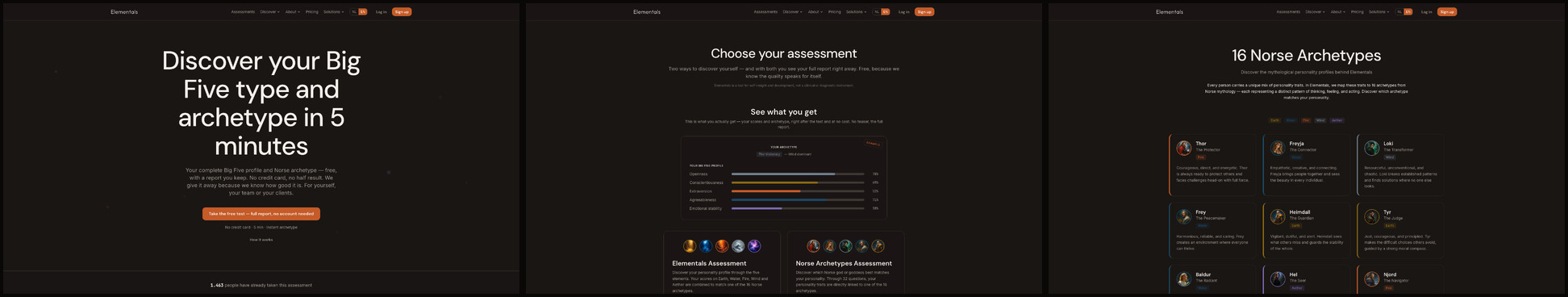 Three real /en screens captured deterministically: landing, the free example result, and the 16 Norse archetypes