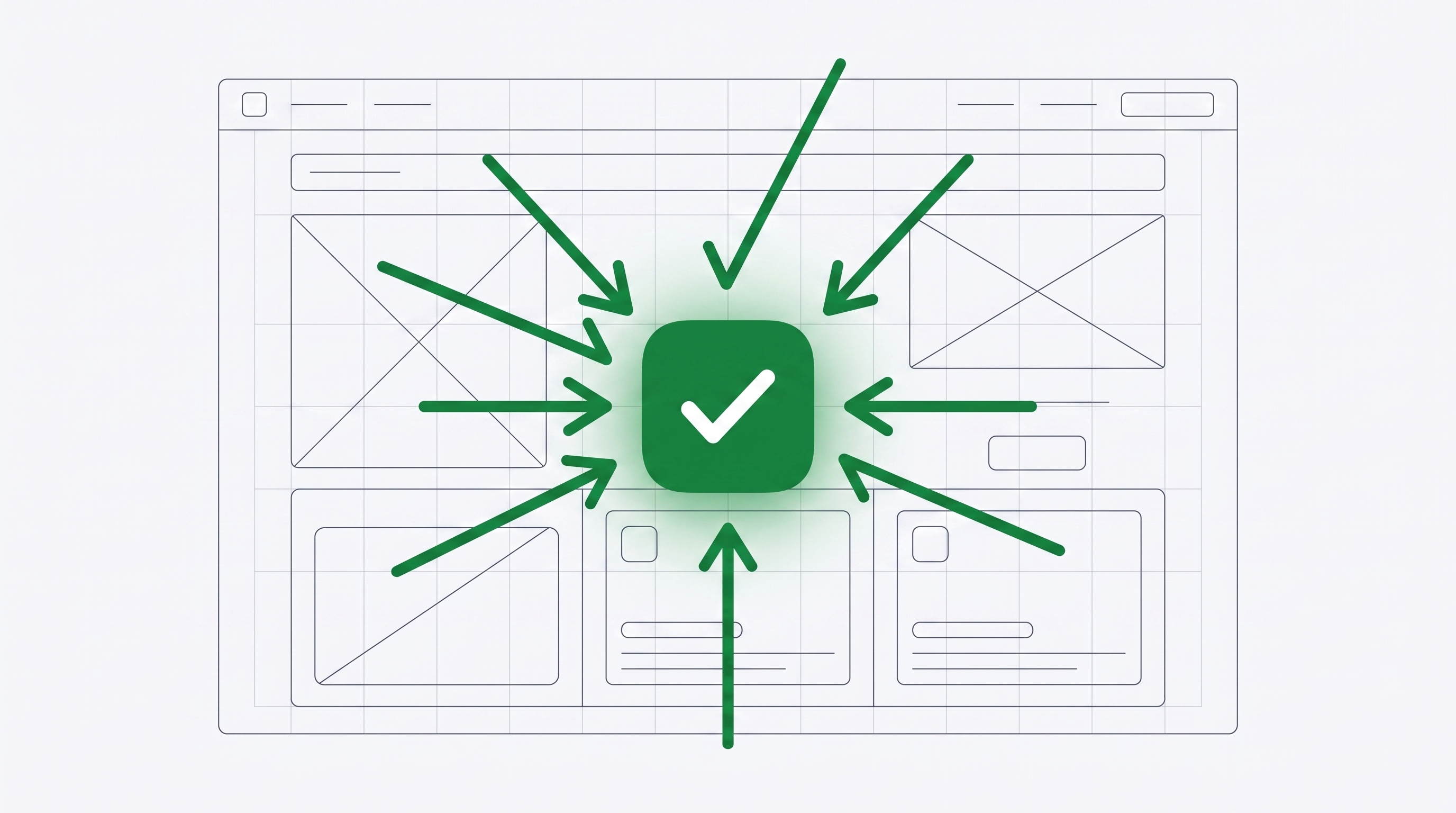 Leader keyframe — a page wireframe with green checkmark strokes converging into the Website Spec mark