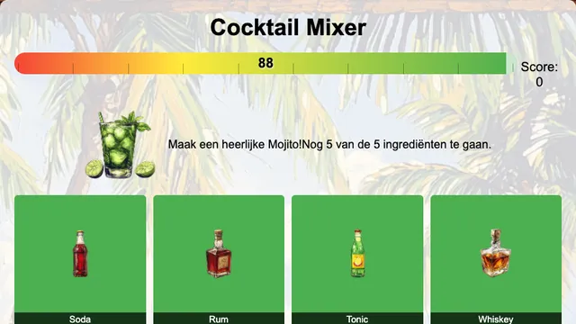 Cocktail Mixer: maak een mojito, met een tijdbalk en een raster van flessen en ingrediënten om uit te kiezen
