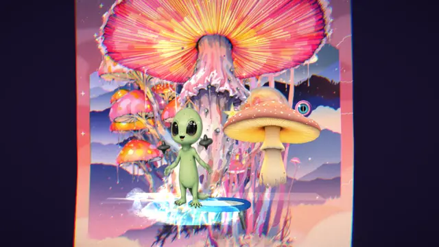 Cosmo’s Universe: een klein groen ruimtewezen op een trampoline, tussen reusachtige paddenstoelen in felle kleuren