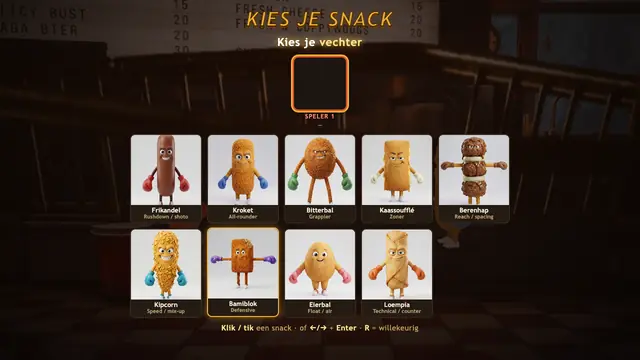 Friet Fighter: het scherm Kies je snack, met negen snacks als vechters