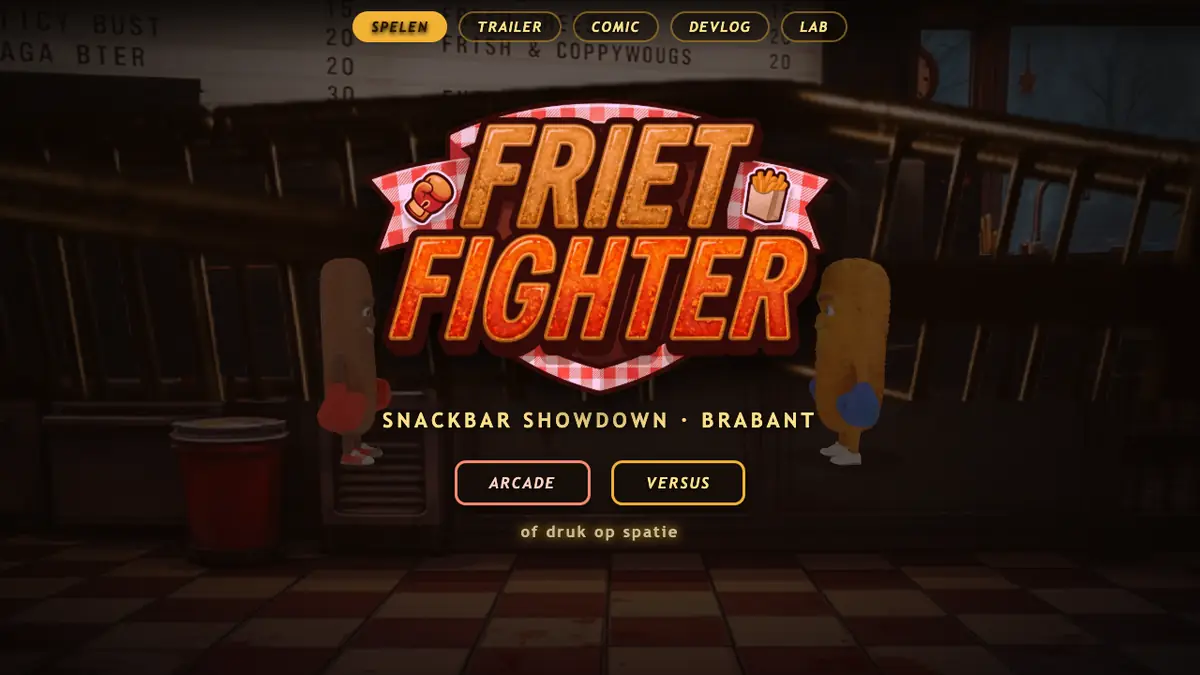 Het titelscherm van Friet Fighter: het logo op een rood-wit geblokt lint, met een frikandel en een kroket als vechters in een snackbar