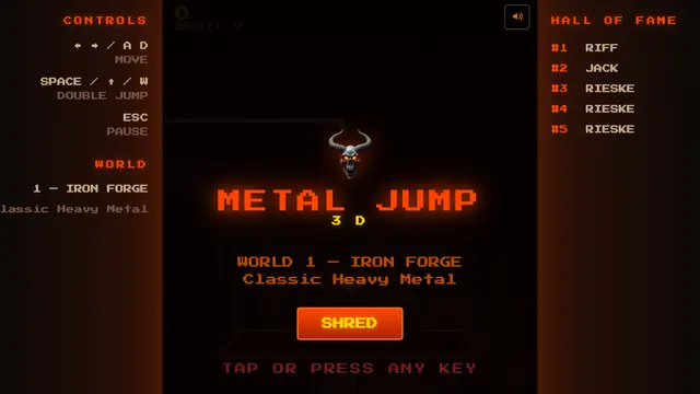 Het startscherm van Metal Jump 3D: wereld 1, Iron Forge, met de besturing links en de hall of fame rechts