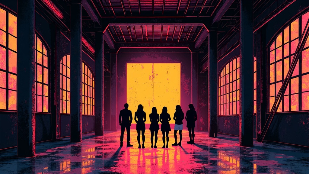 Industrial venue met vrouwensilhouetten &mdash; punk rock screenprint illustratie