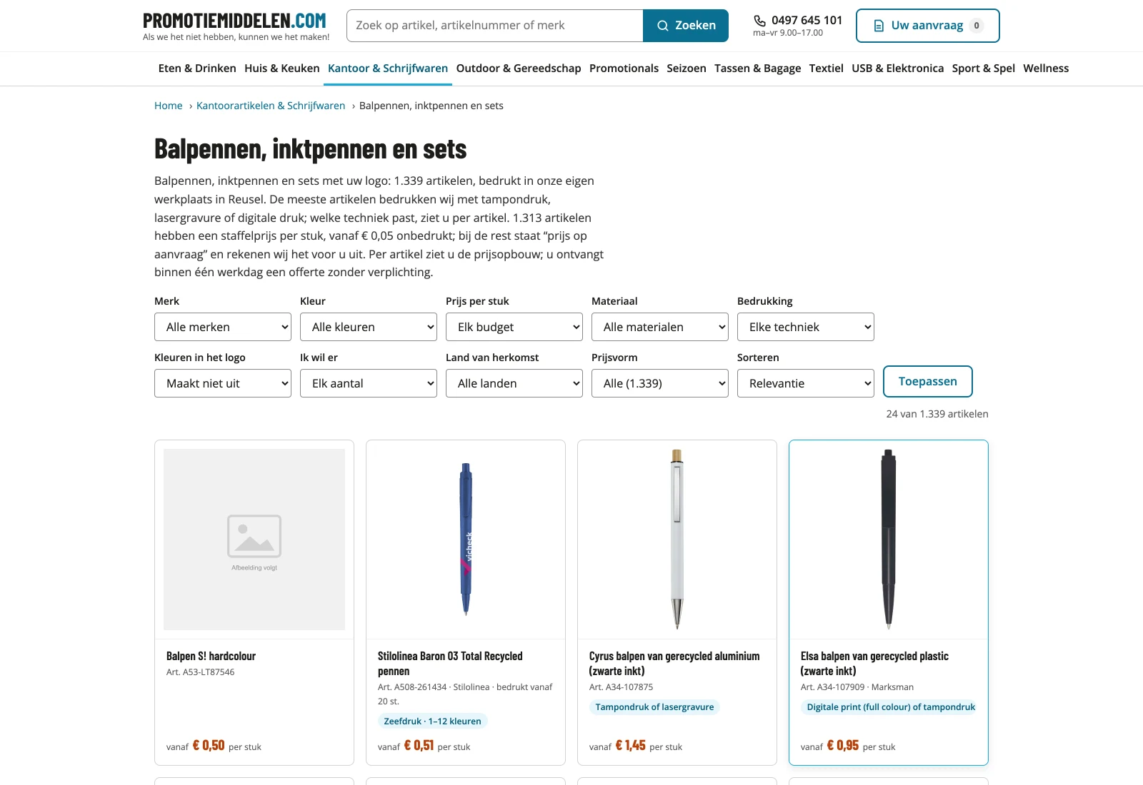 Categoriepagina voor bedrukte pennen met de filterrij: merk, kleur, prijs per stuk, materiaal, bedrukking, kleuren in het logo, oplage, land van herkomst en prijsvorm