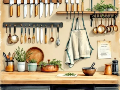 Gastrique chef-werkbank — knife rack, schort, kruiden, koperen pan en mortier in painterly amber-teal stijl