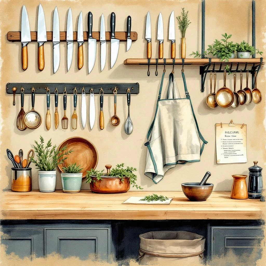 Gastrique chef-werkbank — knife rack, schort, kruiden, koperen pan en mortier in painterly amber-teal stijl