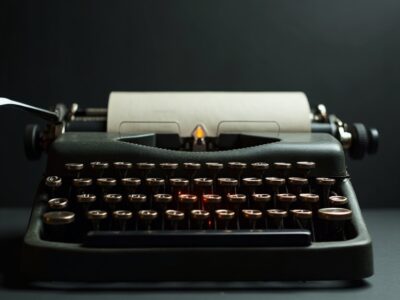 Een typemachine waarvan de toetsen overgaan in oplichtende printplaat-sporen, donker grafiet met koperkleurig accent