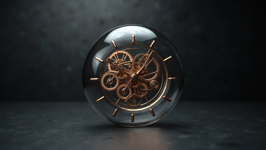 Een open uurwerk-mechaniek zichtbaar achter helder glas, koperen tandwielen als accent