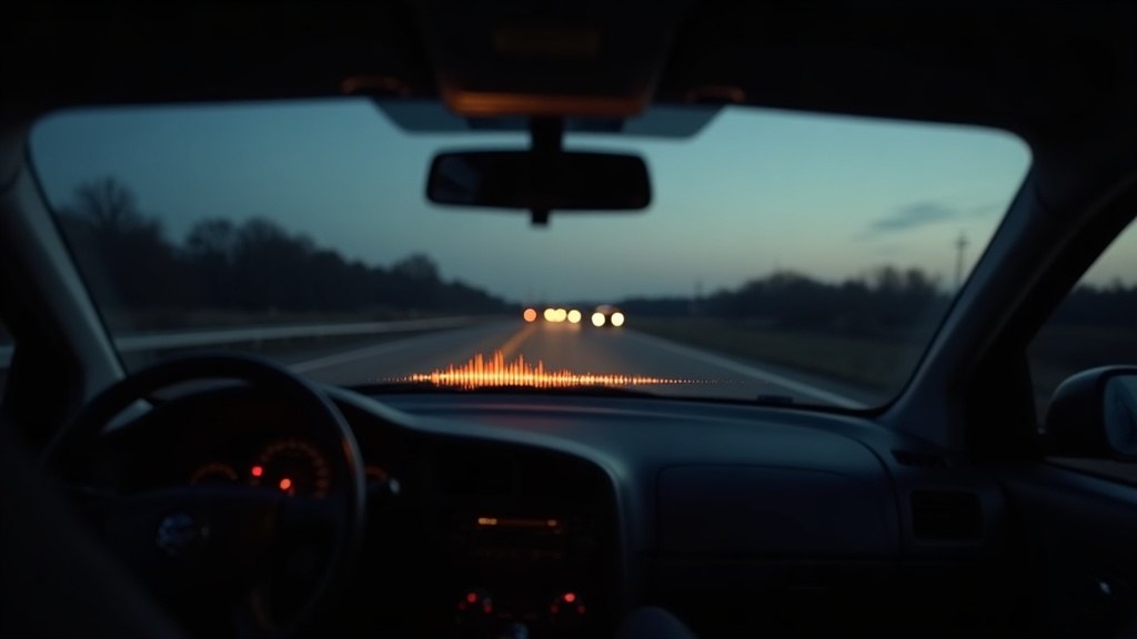 Zicht vanuit een donkere auto-cabine in de schemering op een lege snelweg, met een koperkleurige geluidsgolf boven het dashboard — een blogverslag ingesproken via CarPlay onderweg naar huis.