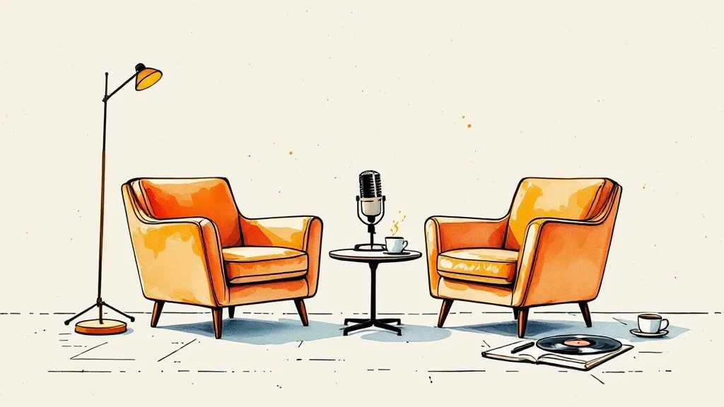 Illustratie van een interviewsetting: twee stoelen, een microfoon, vinyl en een notitieblok