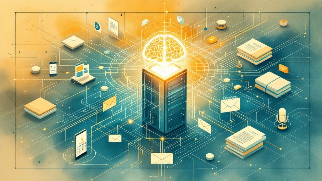 Architectuurschets van een centraal AI-brein op een thuisserver, verbonden met telefoon, microfoon, mail, agenda en een kennisvault