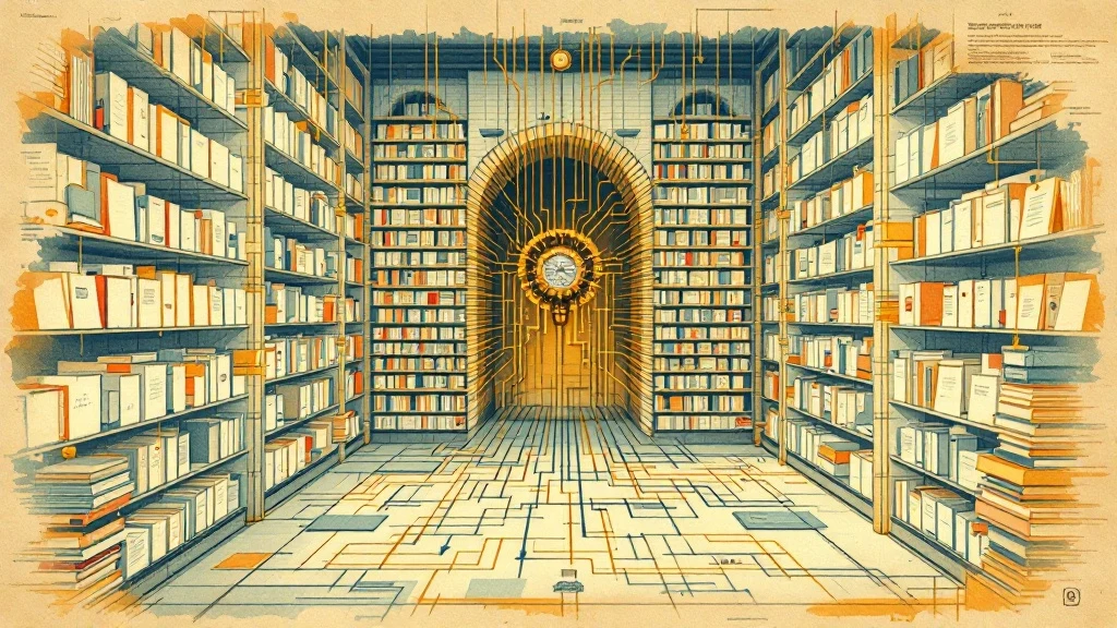 Architectuurschets van een bibliotheek-kluis vol notitieboeken die een centraal brein voeden