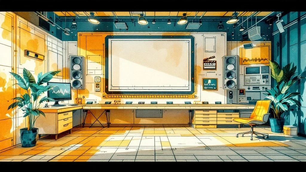 Illustratie van een geautomatiseerde montagestudio met tijdlijn, clapperboard en geluidsgolf