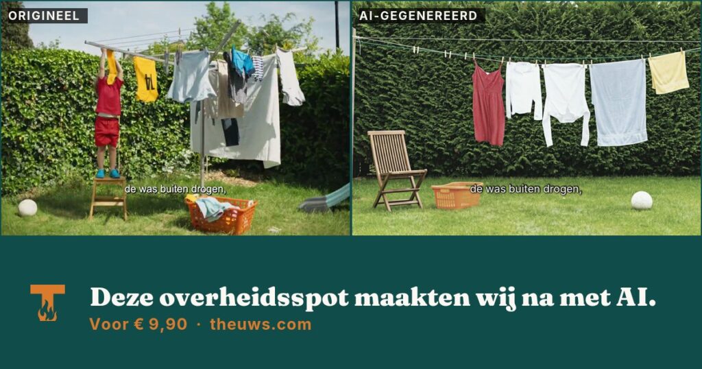 Twee beelden naast elkaar: links de originele overheidsspot, rechts de volledig AI-gegenereerde reproductie