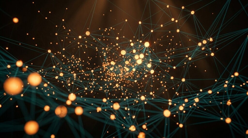 Netwerk van gloeiende knooppunten en verbindingslijnen, als beeld voor een geheugensysteem