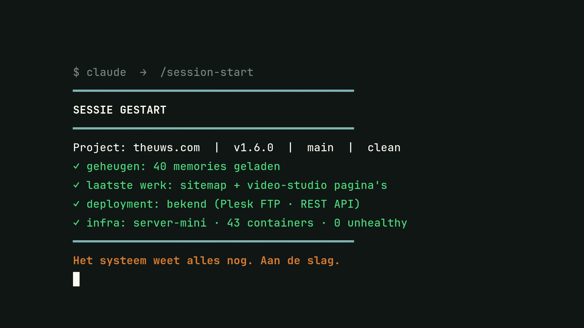 De session-start-banner: project, versie, geheugen en infrastructuur in tien seconden