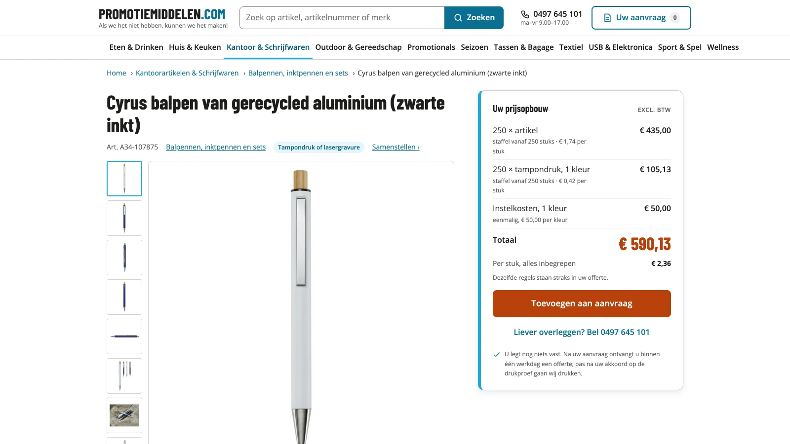 Productpagina van Promotiemiddelen.com met het blok Uw prijsopbouw: artikel maal aantal, bedrukking met aantal kleuren, instelkosten, totaal en prijs per stuk