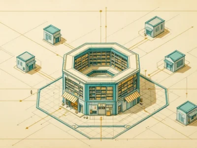 Bouwtekening-illustratie: een centrale kluis met daaruit verbindingslijnen naar kleinere winkelvormen eromheen