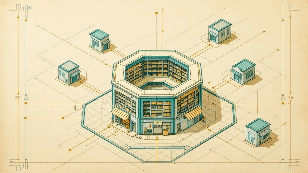 Bouwtekening-illustratie: een centrale kluis met daaruit verbindingslijnen naar kleinere winkelvormen eromheen
