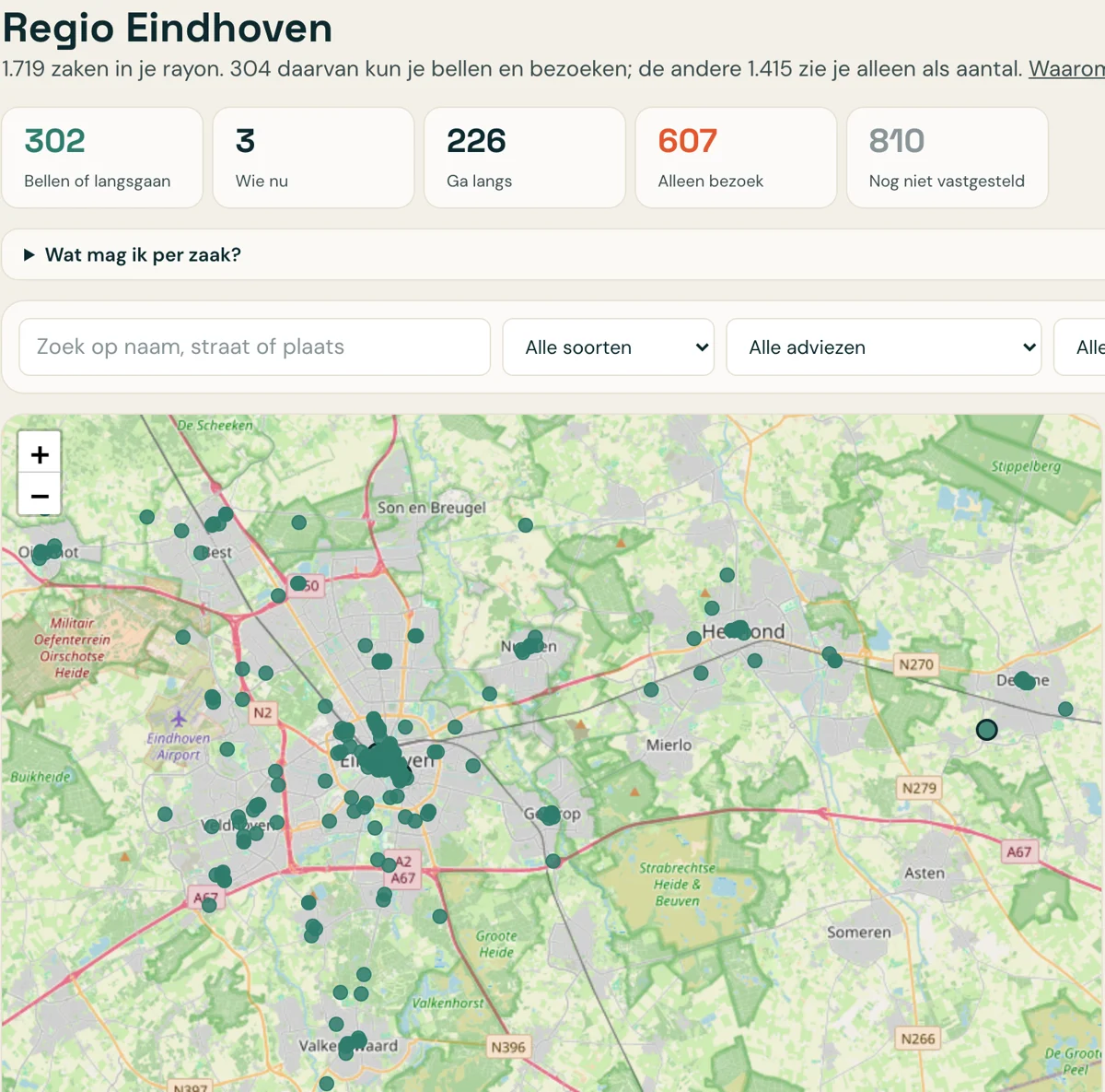 De demo van Rayonkaart: regio Eindhoven met tellers voor bellen of langsgaan, wie nu, ga langs, alleen bezoek en nog niet vastgesteld, en daaronder de kaart met de zaken