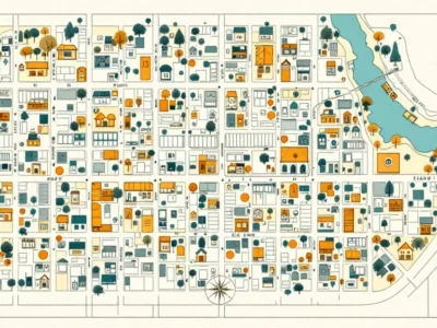 Illustratie van een stadsplattegrond van bovenaf met gekleurde markeringen bij winkels en een kompasroos