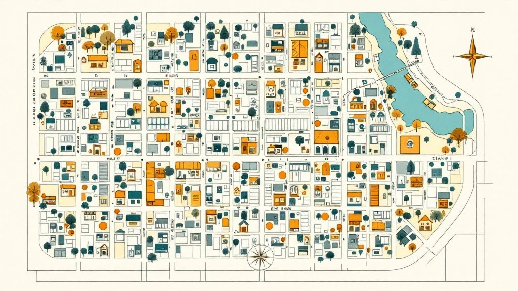Illustratie van een stadsplattegrond van bovenaf met gekleurde markeringen bij winkels en een kompasroos