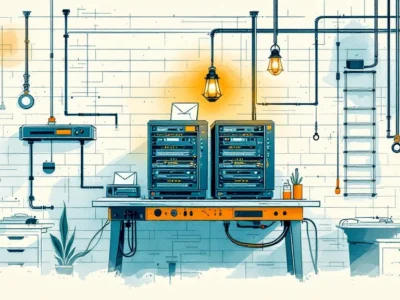 Illustratie van twee serverkasten op een werkbank met aparte kabelpaden, een brandende lamp en een envelop