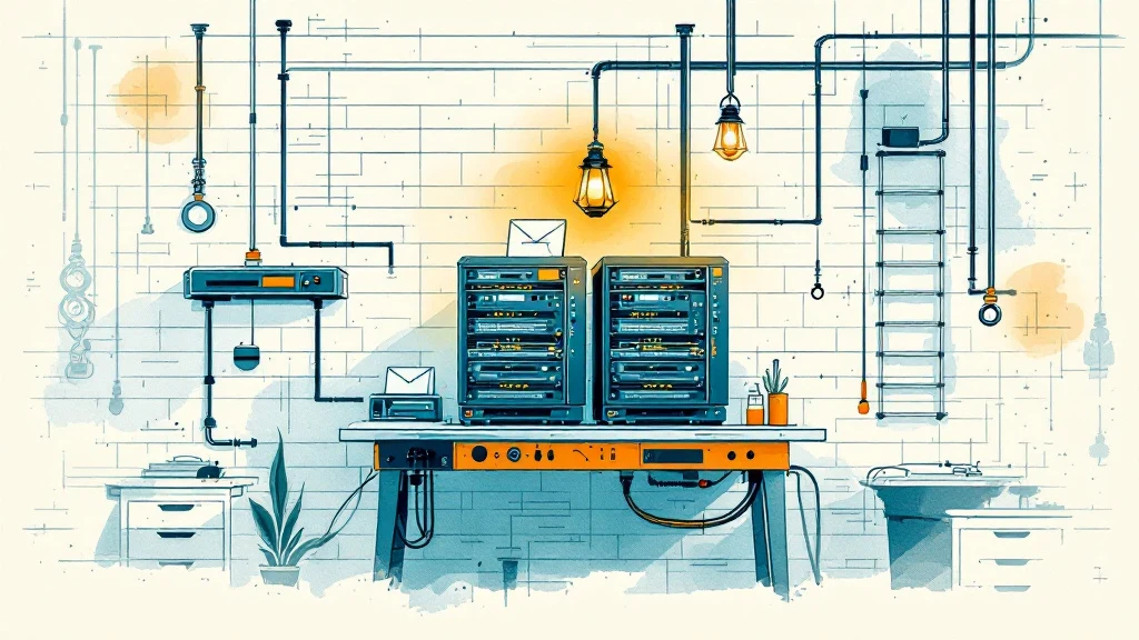 Illustratie van twee serverkasten op een werkbank met aparte kabelpaden, een brandende lamp en een envelop