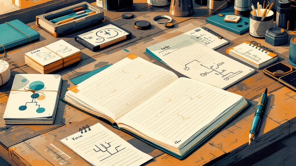 Illustratie van een open notitieboek op een werkbank met indexkaarten, een vulpen en een vertakkende lijn in de kantlijn
