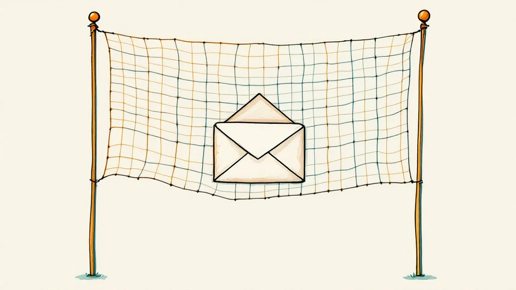 Illustratie van een envelop die veilig in een gespannen vangnet ligt