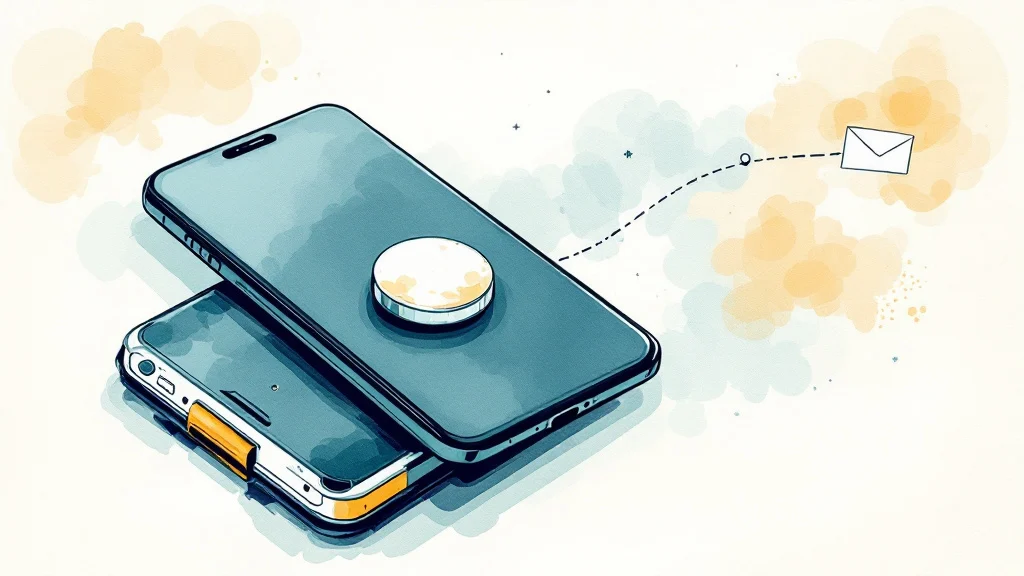 Illustratie van een telefoon met één grote knop, met een stippellijn naar een envelop