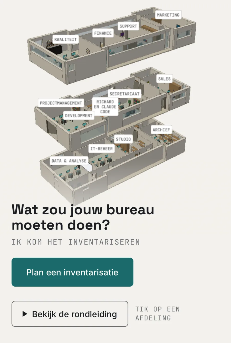 De bureau-animatie op een telefoon: het uitgeklapte pand met de naamborden van de afdelingen, de knop 'Plan een inventarisatie' en daaronder de knop 'Bekijk de rondleiding' met de tip 'Tik op een afdeling'.